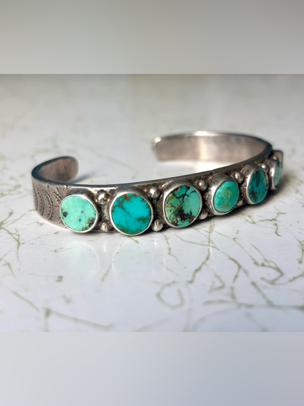Vintage 7 Stone Sterling Silver SW Turquoise Row Cuff Bracelet, Unsigned